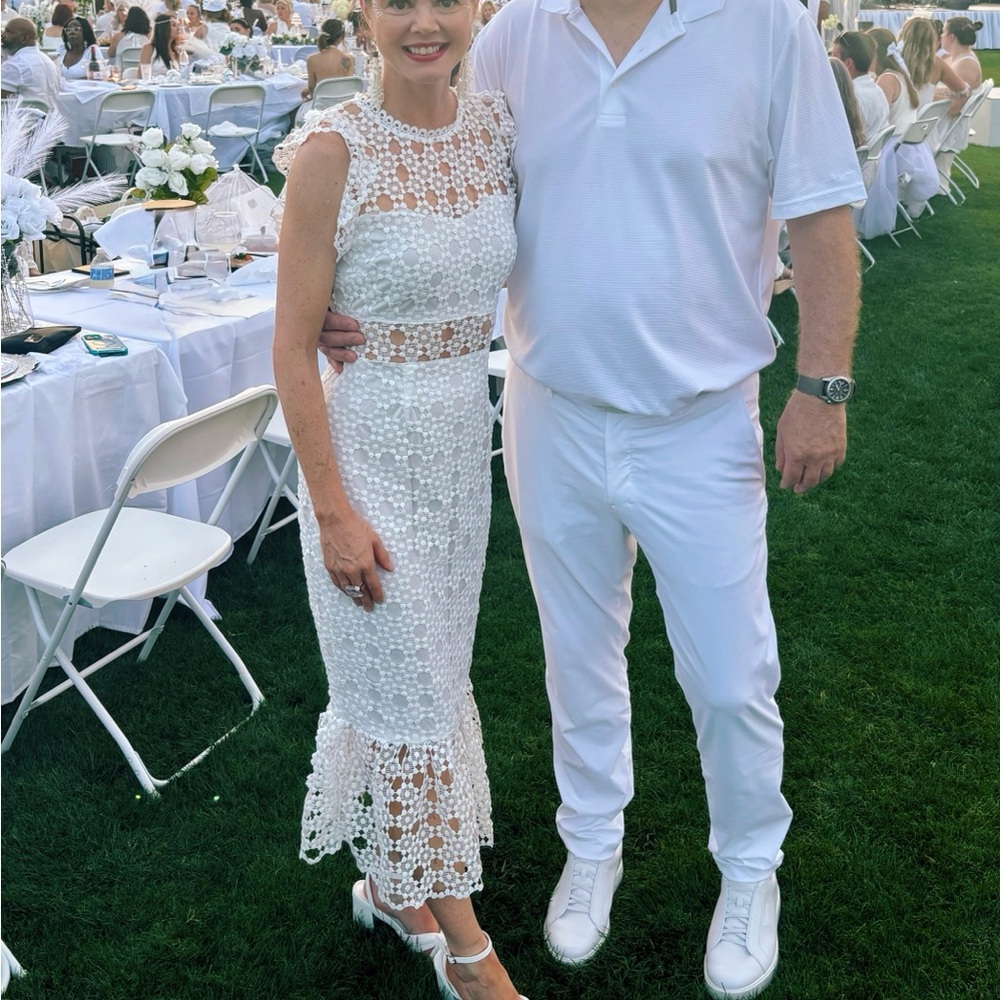 White Floral Lace Midi Dress with Ruffled Hem - Picture 4 of 4